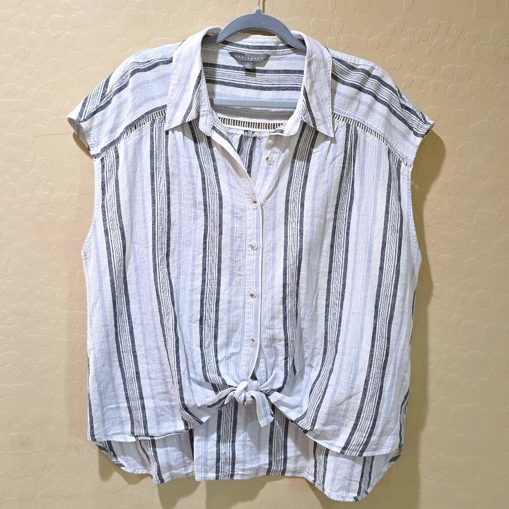 Cotton Linen Blend Tie Front Striped Women's Button Up Sleeveless Shirt SZ XL